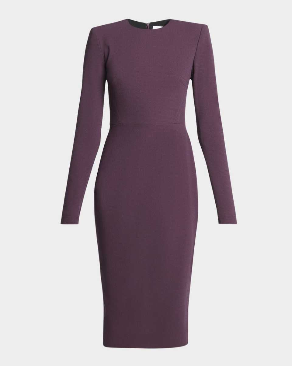 Strong-Shoulder Long-Sleeve Midi T-Shirt Dress